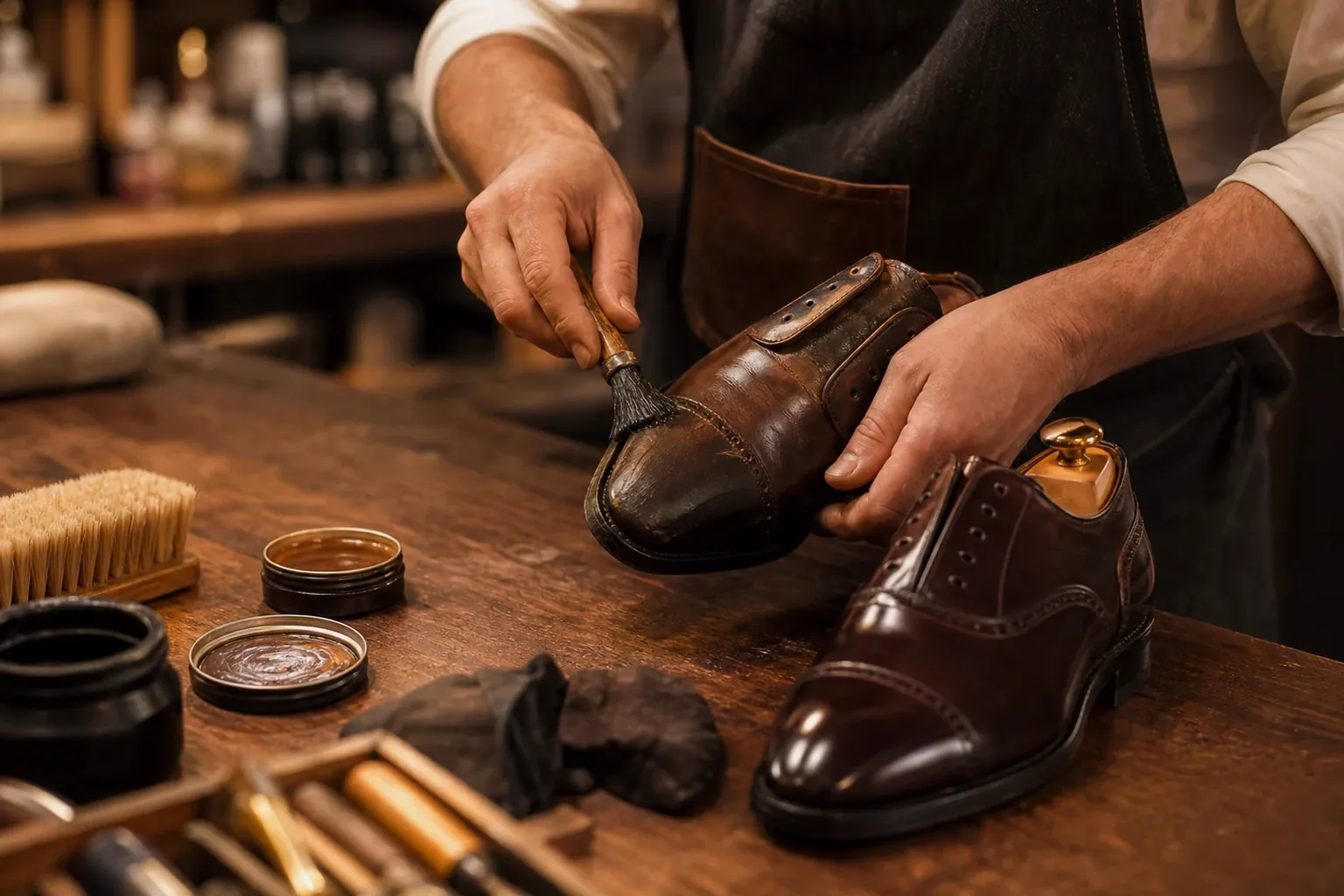 Sapateiro reformando sapatos sociais em Guarulhos.